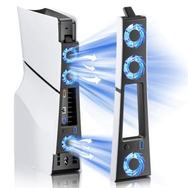 Imagem de BRHE Ventilador de resfriamento fino para PS5, sistema de resfriamento silencioso para PS5 Slim Digital/Edição de discos com 3 ventiladores/porta USB 3.0, acessórios de cooler PS5 Slim com luz LED,