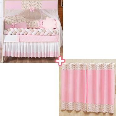 Imagem de Kit berço com trança modelo doce bebê com edredom e cortina estampada 