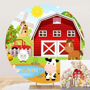 Imagem de Leyiyi Capa de fundo redonda de fazenda de 2,2 x 2,2 m, pano de fundo para festa infantil, celeiro vermelho, desenho animado, animais de fazenda, sessão de fotos, tema de fazenda, bolo, mesa, banner,