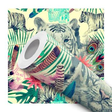 Imagem de Papel De Parede Adesivo Lavável Tigre De Bengala Flores E Penas Abstra