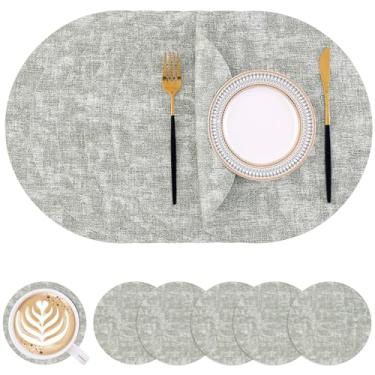 Imagem de Homaxy Jogo americano e porta-copos redondos de couro sintético, tapetes de mesa laváveis de dois lados, tapetes de jantar resistentes ao calor limpáveis para ambientes externos e internos, conjunto