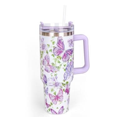Imagem de Whaline Copo de borboleta roxa de 1,134 g com alça e tampa Flor de primavera borboleta copo de café para mulheres, amigas, festas, aniversário, lembrancinhas