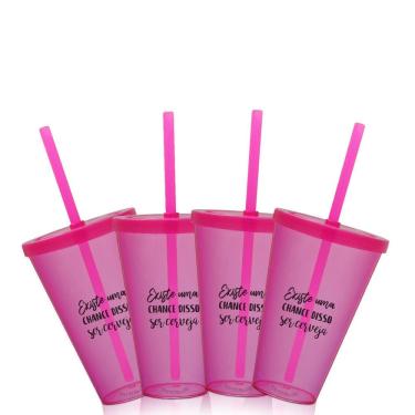 Imagem de Kit 4 Copos Com Tampa E Canudo Rosa Personalizado