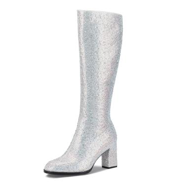 Imagem de TDD Gogo Botas femininas com strass na altura do joelho, sexy, grossa, larga, Prata, 8 US
