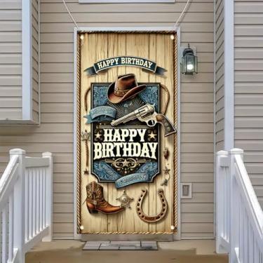 Imagem de Starlit Patio Banner de capa de porta de cowboy ocidental 177 x 89 cm decoração tema menino oeste capa de porta de festa de aniversário ocidental decoração de fundo pano de fundo West Barn Door Sign