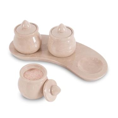 Imagem de Adega de mármore com tampa, suporte de sal de pedra natural Verona de 8 cm com bandeja conjunto de 3, pote de bancada elegante para temperos, açúcar, temperos, condimentos e mesa de jantar