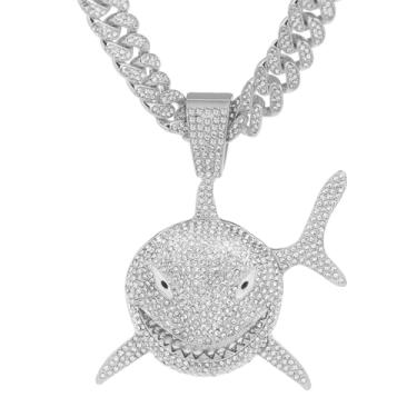 Imagem de GuoShuang Corrente de elos cubanos para homens e mulheres com pingente, colar de elos cubanos Miami Ice Out Diamond Joias Hip Hop, 20 Inch, Metal, Sem Pedra Preciosa