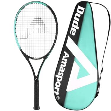 Imagem de AMA SPORT Raquetes de tênis Pro Dude - 68,5 cm - Raquete de tênis composto de carbono - Raquete de tênis intermediária para iniciantes - pré-amarrada - azul ciano