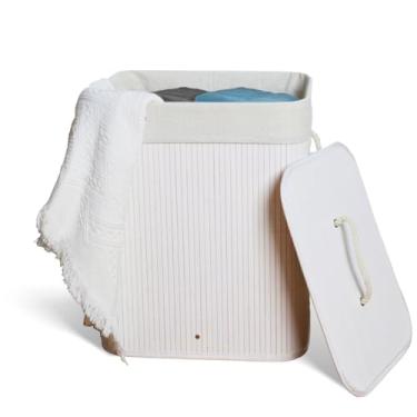 Imagem de Cesto De Roupa Suja com Alças Em Bambu Com Tampa Forrado Banheiro Lavanderia Quarto