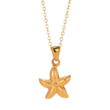 Imagem de Colar de estrela do mar delicado para mulheres, estilo Trenty, banhado a aço de titânio, banhado a ouro 18 K, pingentes elegantes, estrela do mar, colar com pingente de oceano ajustável, boêmio, verão
