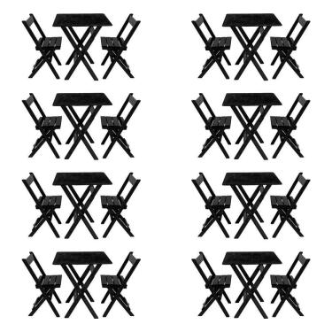 Imagem de Kit 8 Conjuntos Mesa Dobrável Para Bar E Restaurante 60x60cm Com 2 Cadeiras Em Madeira Maciça - Pret - Preto