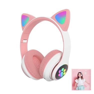 Imagem de Fone De Ouvido Gatinho Bluetooth Rosa Led Feminina Infantil