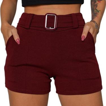 Imagem de Shorts Feminino Cinto Fivela Bermuda Malha Crepe Bolso Social Cintura 