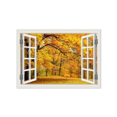 Imagem de Vista da Janela Paisagem Pintura em Tela-Árvore amarela outono-Impressão Lona Arte Parede Natural-Decoração Sala Estar 50x70cm Sem Moldura