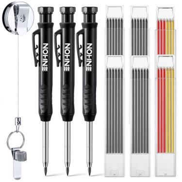 Imagem de Enhon Pacote com 3 lápis carpinteiros com suporte retrátil, conjunto de lápis mecânicos com 36 recargas, marcador profundo para marcenaria, ferramentas de carpinteiro para arquiteto (preto)