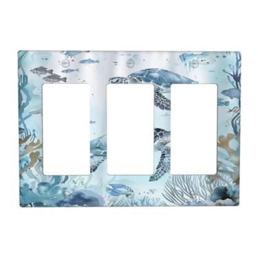 Imagem de OILbiexn Capa de interruptor de luz azul animal marinho tartaruga marinha alga marinha planta 3 gangues placa de parede placa de interruptor de luz tripla balancim GFCI capas de tomada decorativa para