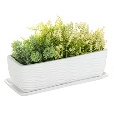 Imagem de MyGift Vaso de flores retangular retangular branco fosco moderno de 32 cm com design ondulado e bandeja coletora removível