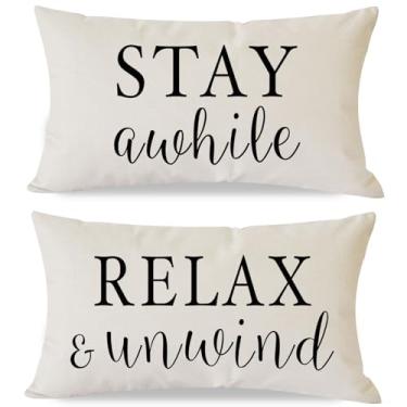 Imagem de PANDICORN Capas de almofada decorativas 30,5 x 50,8 cm conjunto de 2 Stay Awhile Relax & Unwind Outdoor Modern Farmhouse varanda pátio decorações de almofada lombar para casa sala de estar sofá