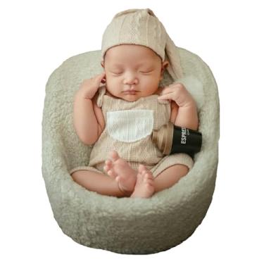 Imagem de Ederafoto Acessórios para fotografia de recém-nascidos, roupas para sessões de fotos de bebê, macacão posando, chapéu de crochê com suspensório (bege)