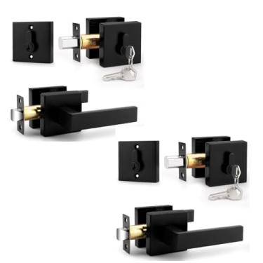 Imagem de Probrico Fechaduras de porta externa preta fosca com fecho, maçaneta de passagem da porta frontal e conjunto de fechadura de cilindro duplo com as mesmas chaves, maçaneta quadrada com fechadura de