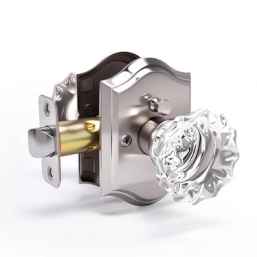 Imagem de Floresita Maçanetas de cristal, maçanetas de vidro de níquel manchado interior em forma de rosa com função de privacidade de bloqueio, antigo vintage para quarto e banheiro