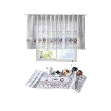 Imagem de Jogo Cortina de Renda Para Meia Janela + Caminho de Mesa Branco Café -