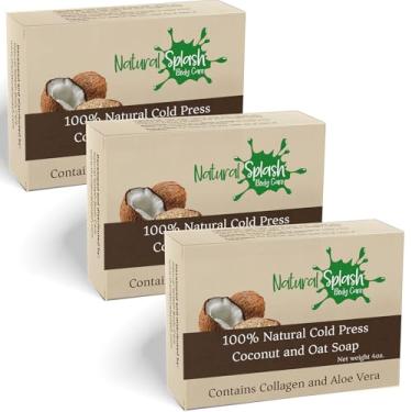 Imagem de Natural Splash Body Care Sabonete Em Barra Prensado A Frio Feito À Mão - Coco E Aveia, Colágeno Vegetal Com Aloe Vera, Fórmula Esfoliante Suave, Pacote 3 Unidades