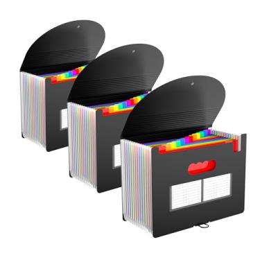 Imagem de Pacote com 3 pastas de arquivos expansíveis com etiqueta em branco, organizador de arquivos sanfonado de 12 bolsos, organizador de documentos, pastas sanfonadas de mesa para guardar arquivos tamanho