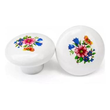 Imagem de Kit 02 Puxador De Porcelana Cerâmica Redondo Estampado Floral Gaveta 32mm
