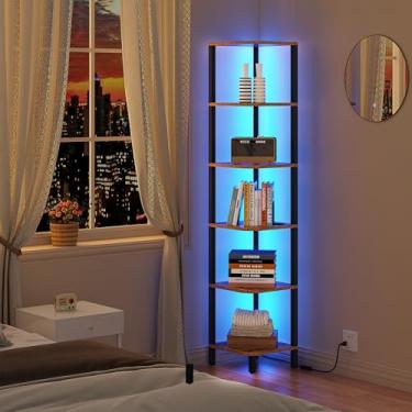 Imagem de TUTOTAK Prateleira de canto com luz LED, estante de canto de 6 camadas para espaços pequenos, suporte de prateleira de canto estreito com rack de armazenamento, para sala de estar, quarto, marrom