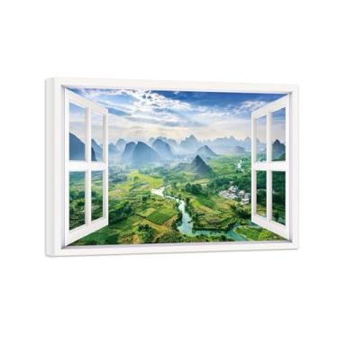 Imagem de Quadro de Parede Janela Falsa-Paisagens Impressões em Tela-Montanha Field River-Natureza Pinturas Decoração 50x70cm-19x27in Tela Embrulhada