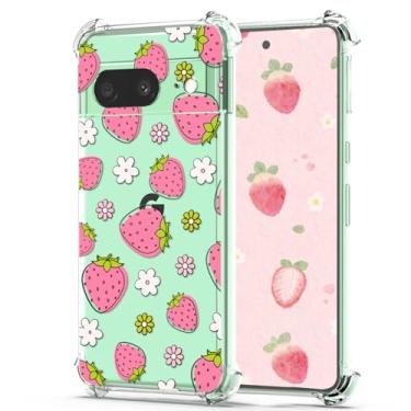 Imagem de YEPO Linda capa de morango para Google Pixel 8A rosa, capa protetora macia à prova de choque fina transparente para celular mulheres meninas morangos flores design capa infantil para Google Pixel 8A