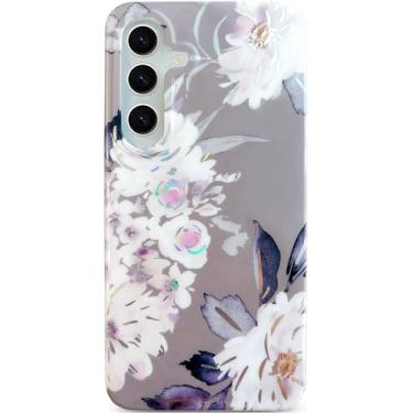 Imagem de Qokey Capa para Galaxy S24 15.7 cm 5G, linda estampa brilhante com design floral rosa cinza para mulher, capa de telefone macia leve slim fit à prova de choque não amarelada, flor cinza vermelha