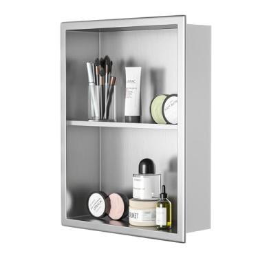 Imagem de Bernkot Armário de parede de banheiro 45,7 cm x 35,5 cm escovado sobre o vaso sanitário economiza espaço armário de remédios sem porta nicho de parede inoxidável com prateleira de 2 camadas para