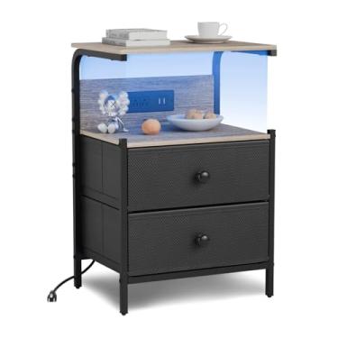 Imagem de Ymesiyou Mesa de cabeceira com estação de carregamento e luzes LED, mesa lateral com 2 gavetas de tecido, mesa de cabeceira para quarto, mesa de centro de armazenamento de 3 níveis, sala de estar (1