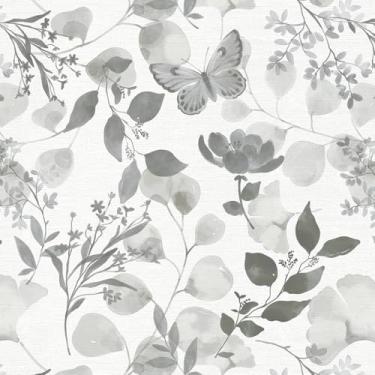 Imagem de Safiyya Papel de parede floral 43,9 cm x 497,8 cm, papel de parede cinza Boho autoadesivo, papel de parede removível, borboleta, flor, papel de contato para banheiro, quarto, sala de estar, rolos de