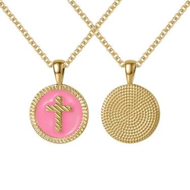 Imagem de Qitian Colar de cruz pequena para mulheres, colares com pingente de cruz banhada a ouro 14K para o dia dos namorados | aniversário | primeira comunhão | presente de Natal | presentes de Páscoa, Round