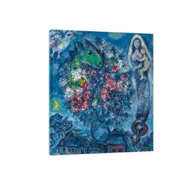 Imagem de LXURY Impressão de arte de parede em tela de moldura de madeira - Chgall Famosas reproduções de imagens em tela - buquê em telhados da vila - pôster de pintura de arte para decoração de parede de