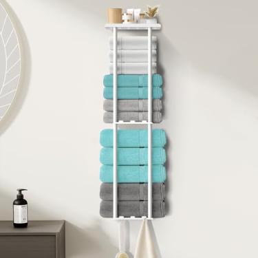 Imagem de KISENG Toalheiro para suporte de toalha de banheiro com prateleira e 6 ganchos, toalheiro vertical de 3 camadas, suporte de armazenamento de toalha de parede de metal resistente para organizador de