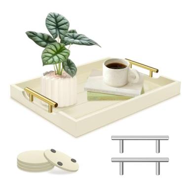 Imagem de SXNOWS Bandeja de mesa de centro - Bandeja grande para sala de estar - Bandejas de madeira para servir com alças (2 conjuntos) - Bandejas de madeira para mesa de centro, 4 porta-copos redondos