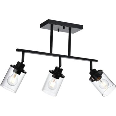 Imagem de Yaohong Luminária de pista preta moderna de 3 luzes com persianas de vidro transparente, suporte de holofotes de teto ajustáveis para cozinha, sala de jantar, corredor e espaços de varejo