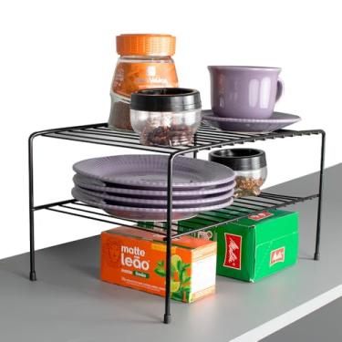 Imagem de Prateleiras Divisora de Prato Organizador de Armário Cozinha Vários Modelos Resistente em Aço Preto Branco Quadrado, de Canto Duplo p/Armários, Duplo Fiver (Preto, Prateleira Dupla)