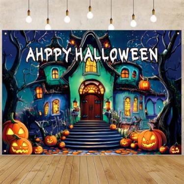 Imagem de Banner de festa de Halloween feliz grande 188 x 111 cm bandeira com linda casa fantasma festa de Halloween decoração de pano de fundo para decoração de férias ao ar livre cerca garagem jardim varanda