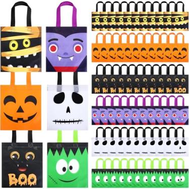 Imagem de Ribbonlic 72 peças de sacolas de lembrancinhas de festa de Halloween, sacolas de doces com alças, embalagem de presente reutilizável não tecida para suprimentos de festa de Halloween
