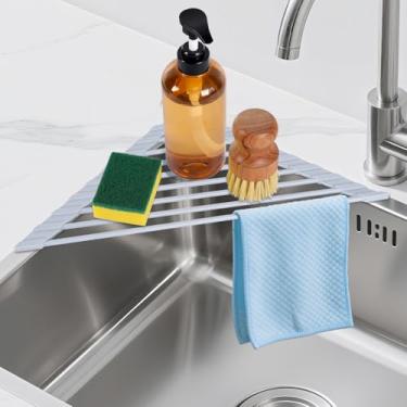 Imagem de HANZENMA Rack de pia triangular, rack multifuncional acima da bancada, tapete de secagem de pia dobrável, resistente ao calor, antiderrapante e à prova de ferrugem (cinza)