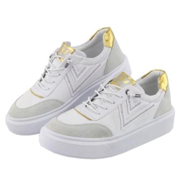 Imagem de Tenis Casual Feminino Ajuste Cadarço Detalhe Costura Lateral Palmilha Gel Confortavel Leve Tamanho:34;Cor:Branco+Dourado;Gênero:Feminino;Departamento BS:Esporte