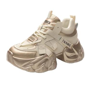 Imagem de AlkYutd Tênis feminino com cadarço grosso, casual, respirável, plataforma, Ouro, 33 BR
