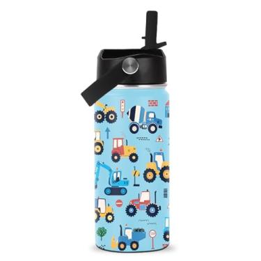 Imagem de ROVOZAR Garrafa de água de caminhão de construção - Garrafa de água de aço inoxidável de 473 ml com canudo - Copo isolado para caminhões de construção para meninos e meninas - Caminhões infantis copo
