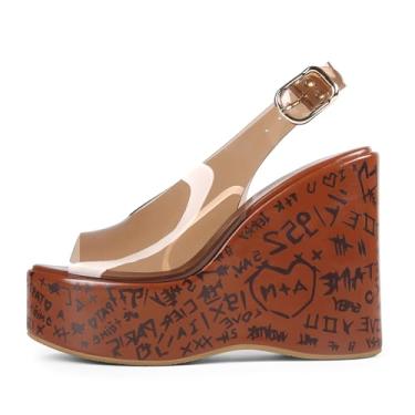 Imagem de USRUNOE Sandálias femininas plataforma de cortiça salto grosso transparente para festas e férias, Marrom gelatinoso, 40