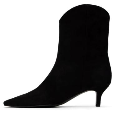 Imagem de MOOMMO Botas femininas de salto gatinho, botas ocidentais de camurça, bico fino, cowboy, cano baixo, 5 cm, vestido de salto gatinho, botas de cano médio, cano médio, botas curtas, dois tons, corte em